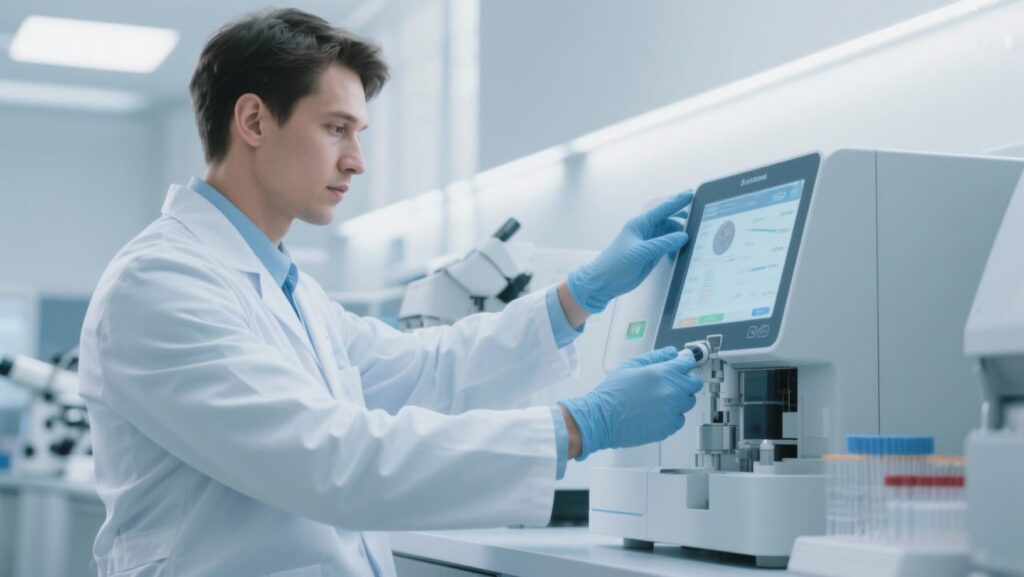 Inicio Técnico biomédico calibrando un analizador clínico automatizado en laboratorio moderno.